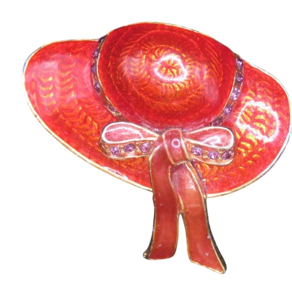 Vintage Brooch Red Hat Enamel Pin With Bow Purple Rhinestones With Gift Box